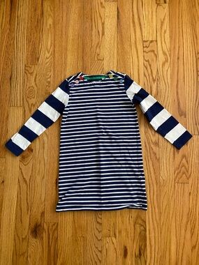 Mini Boden Navy and White Striped Knit Dress with Colorful Buttons